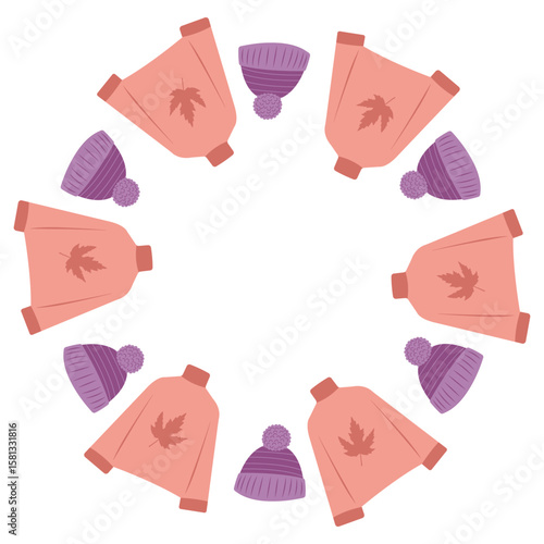 Cozy autumn vector with a circular sweaters and caps frame. Hand drawn illustration perfect for posters, banners, social media