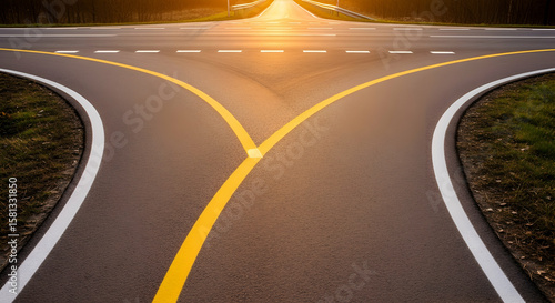 Road Fork In The Road Metaphorical Crossroads At Sunset