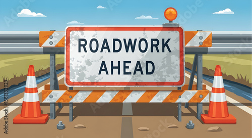 Roadwork Ahead Sign With Traffic Cones and Barriers On Construction Site