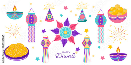 Diwali celebration flat vector set with rangoli, lamps diya, fireworks, sweets jalebi and laddoo, lanterns. Hand drawn Indian illustration for banners, posters and social media