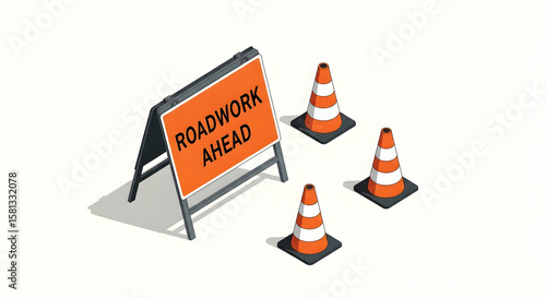 Roadwork Ahead Sign With Traffic Cones Indicating Construction Area Warning Alert