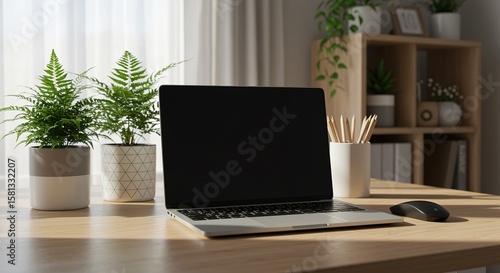 Wallpaper Mural Workstation Harmony Laptop with Ferns and Natural Light in a Minimalist Home Office Setting Torontodigital.ca