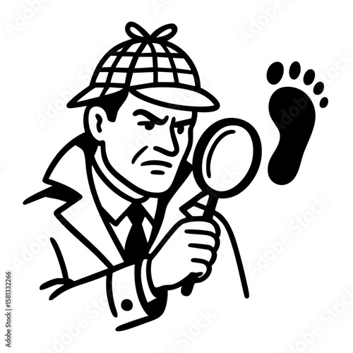Detective with Magnifying Glass Investigating Footprint. Investigation, Mystery Solving, Crime Scene Analysis, Forensic Search in Classic Detective Fiction, Law Enforcement