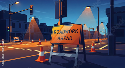 Roadwork Ahead Urban Street Scene With Traffic Cones And Construction Sign