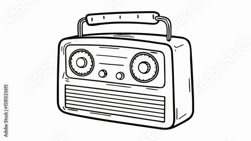 Illustration of a vintage radio with a handle and tuning dials in black and white outline style drawing