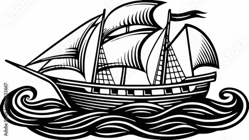 Illustration of a sailing ship with multiple sails navigating through stylized ocean waves in black and white