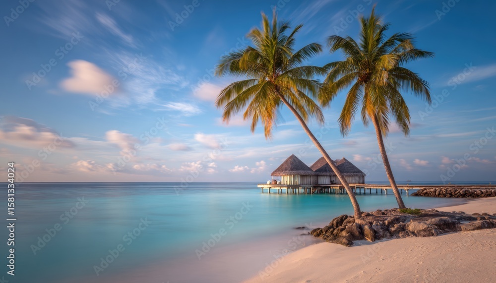 coconut trees with clear transparent sea waves breaking over white clean sea beach in the evening sunset. coconut trees with clear transparent sea waves breaking over white clean sea beach in the evening sunset.