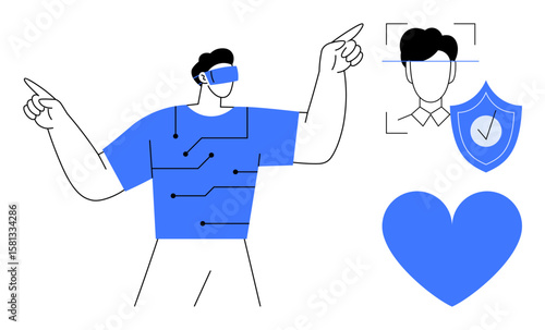 Man wearing augmented reality glasses interacts with tech circuits. Facial recognition, security shield, and heart shape represent innovation. Ideal for AI, tech, security, healthcare, VR AR simple