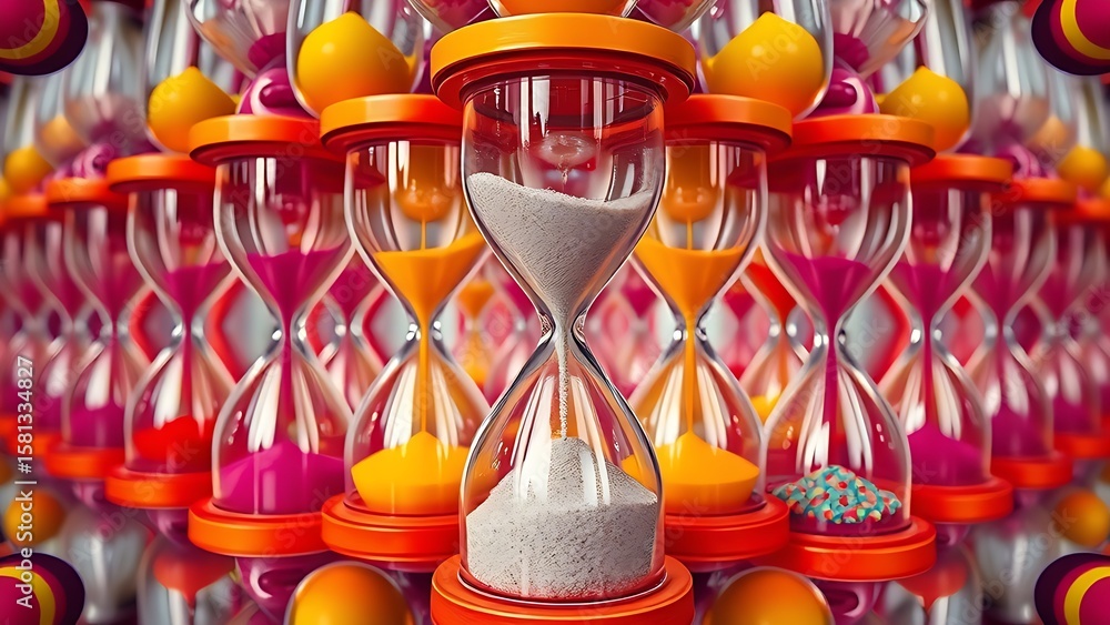Fototapeta premium Colorful overlapping hourglasses with upward-flowing sand, depicting the unique perception of time in ADHD.