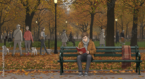 A young man finds a quiet moment to read a book on a park bench during a beautiful autumn day.