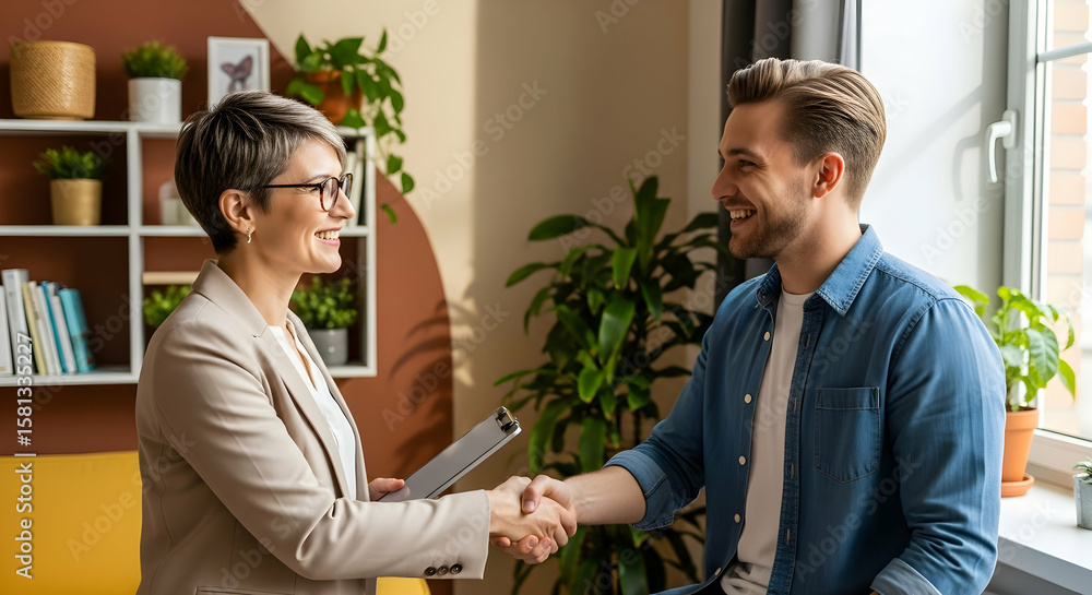 Smiling woman and man shaking hands during successful meeting in modern office Smiling woman and man shaking hands during successful meeting in modern office