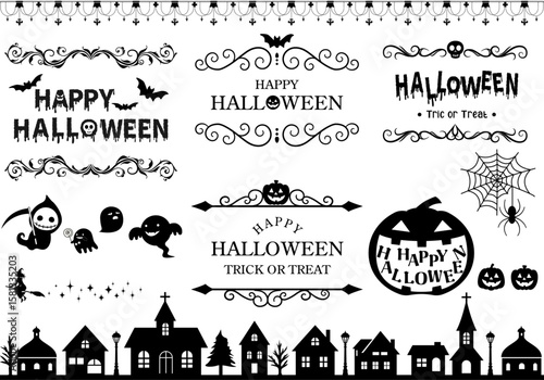 ハロウィンのフレームイラスト ( ビンテージ　ヴィンテージフレーム　見出し　タイトル　背景　チラシ　セール　ハロウィーン　南瓜　お化け　蝙蝠　街並み )