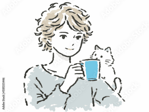 Feeling relaxed young woman enjoying a warm drink with a cat on her shoulder, illustrated style on a white background, cozy concept of café or pet care