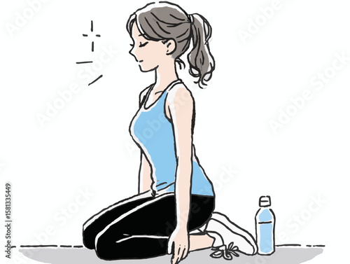 Thoughtful young woman exercising in activewear while resting on the floor with a water bottle, minimalistic background representing wellness concept of fitness studios or yoga centers