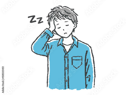 Illustration of a sleepy young boy with messy hair yawning and holding his head, against a minimalistic white background, concept of children's wellness or relaxation