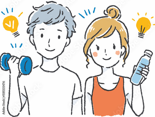 Young man lifting dumbbell and young woman holding water bottle, smiling with lightbulb ideas against a white background, healthy lifestyle concept of fitness or wellness center