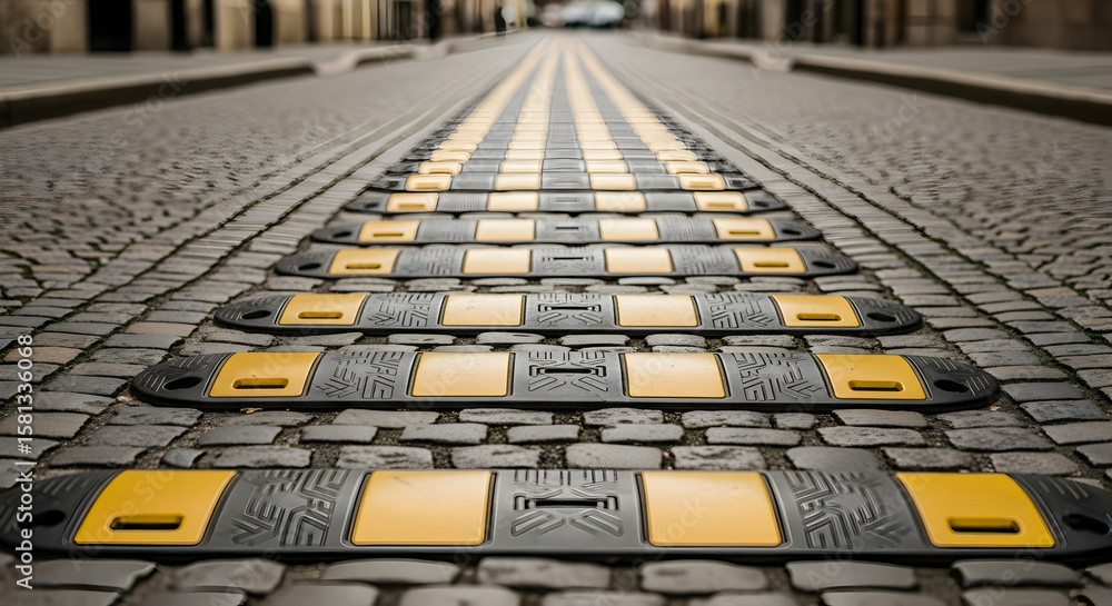 Fototapeta premium Road safety speed bumps on a paved street to slow down vehicles for pedestrian safety