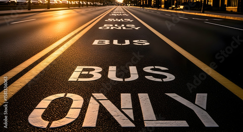 Perspective view of asphalt road with Bus Only marking and blurred city lights in background creating urban environment