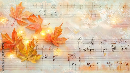 Autumn leaves in shades of orange and yellow on a soft background of musical notes. A warm, inviting scene representing the beauty of fall.