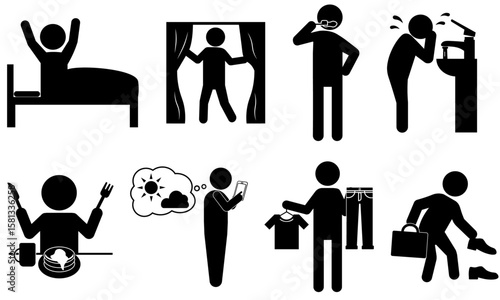 朝の準備をする人物の一連のモーニングルーティンのピクトグラムセット