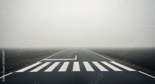 Runway vanishing into the dense fog under a muted sky creates a sense of mystery