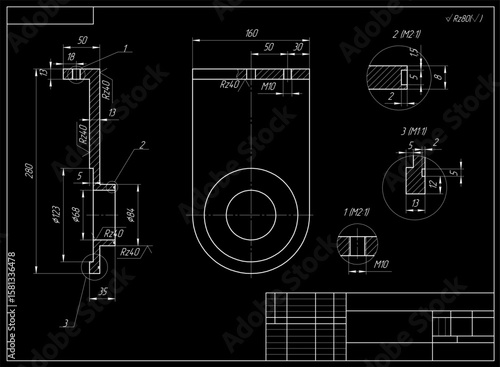 Vector mechanical part of machine - bracket.
Engineering assembly drawing of steel device
with dimension lines. Industrial technic 
cad scheme on paper sheet. Machined tool. 