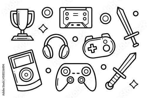 Collection of vintage and modern gaming icons including a trophy and game controllers