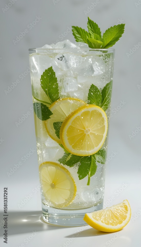Fototapeta premium lemonade with ice, lemon slices and mint leaves in a glass