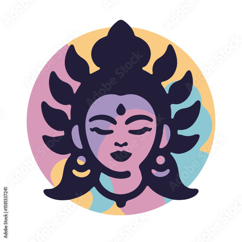 Minimalistic silhouette of Durga's face with colorful backdrop, vector design, pastel garnet hues on white, spiritual and cultural concept.