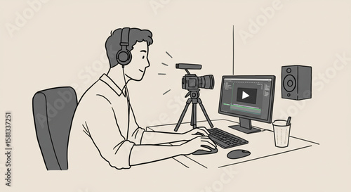 Illustration of a male content creator at his desk with a camera, computer, and headphones. Man vlogging or live streaming for an online audience.