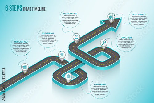 Isometric navigation map infographic 6 steps timeline concept. Winding road.