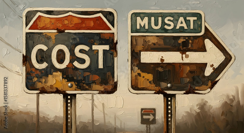 Rustic Route Signs Displaying Destinations and Directions Underneath a Cloudy Sky