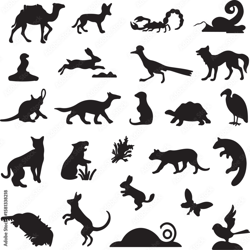 Fototapeta premium Diverse animal silhouettes in black and white camel scorpion