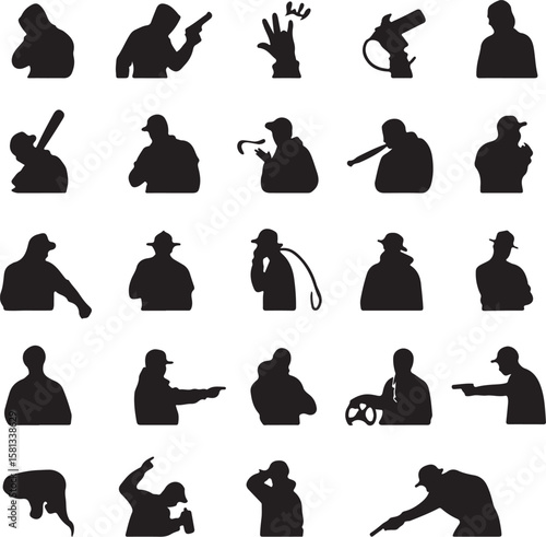Figures holding weapons and gesturing silhouette people