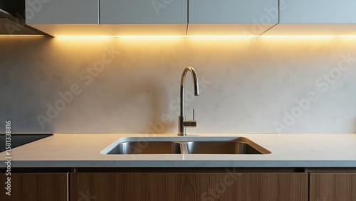 Modern kitchen sink with brushed nickel faucet and under cabinet lighting highlighting a textured backsplash and white countertop