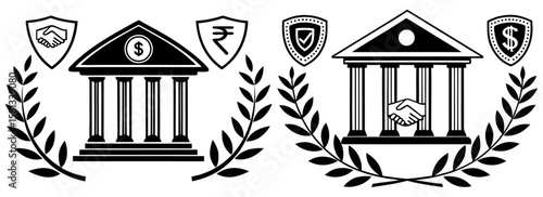 Black and white financial institution bank building icons with handshake symbols and laurel wreath decorative elements for finance and security branding