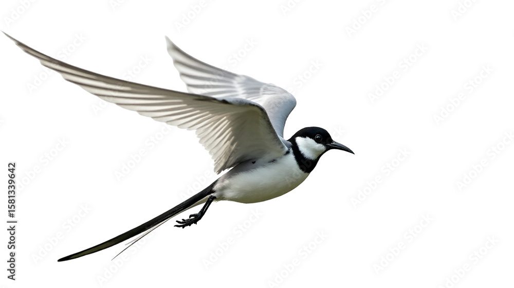 Obraz premium Elegant white wagtail with long tail in mid-air against a transparent background showcasing flight posture