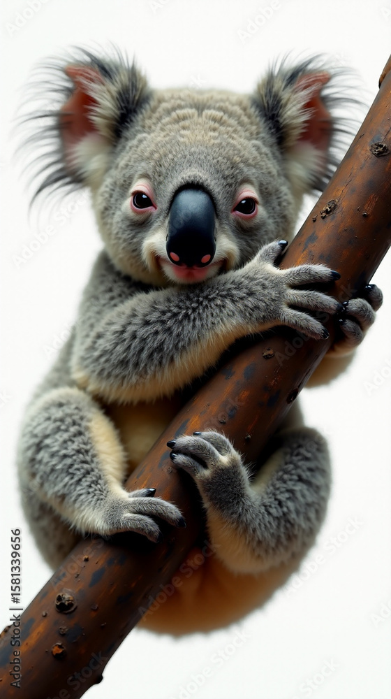 Fototapeta premium Cute marsupial koala bear clings to a sturdy branch in a tree during a sunny afternoon in Australia