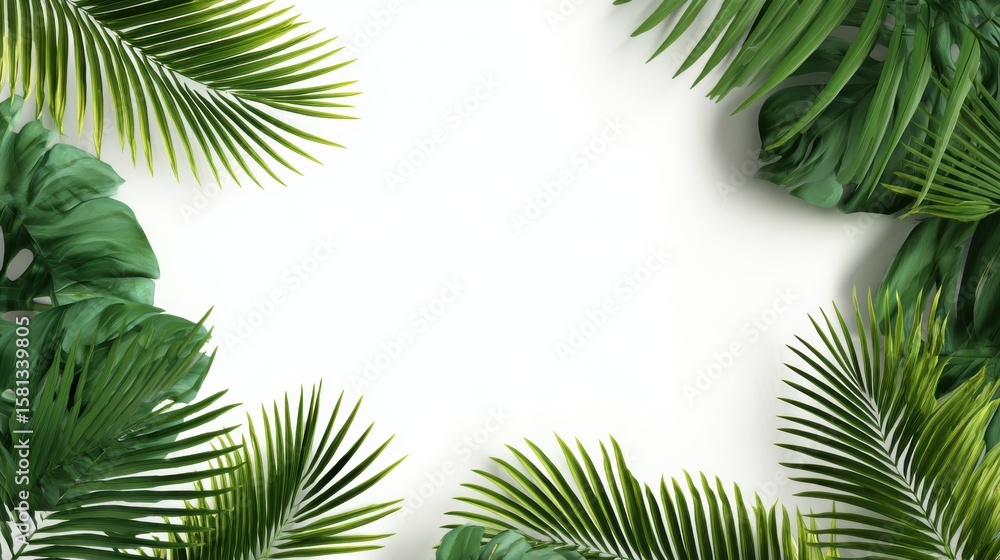 Fototapeta premium A 4K photo of lush green tropical leaves frame a white background.