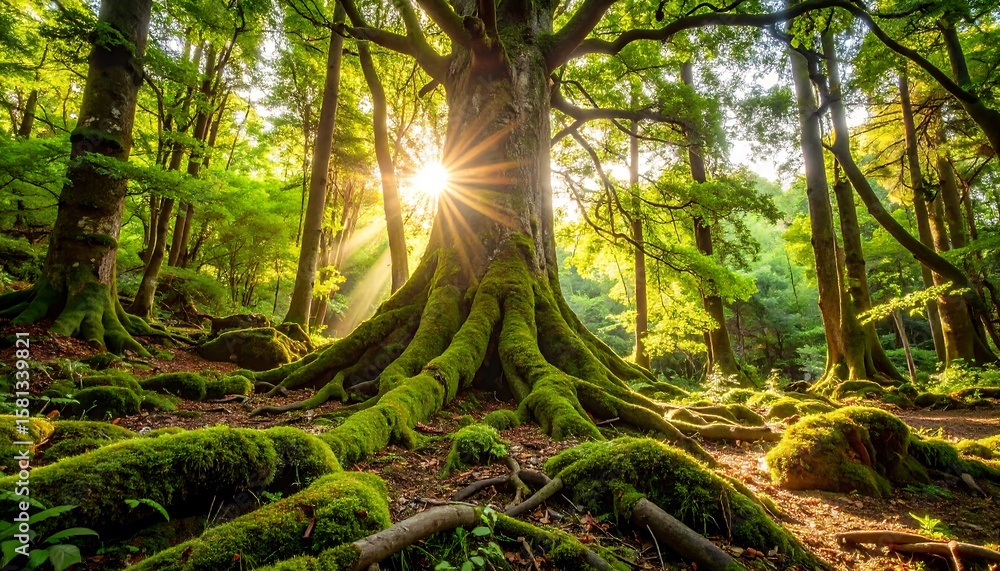 Fototapeta premium Lush forest floor with sunlight beaming through canopy