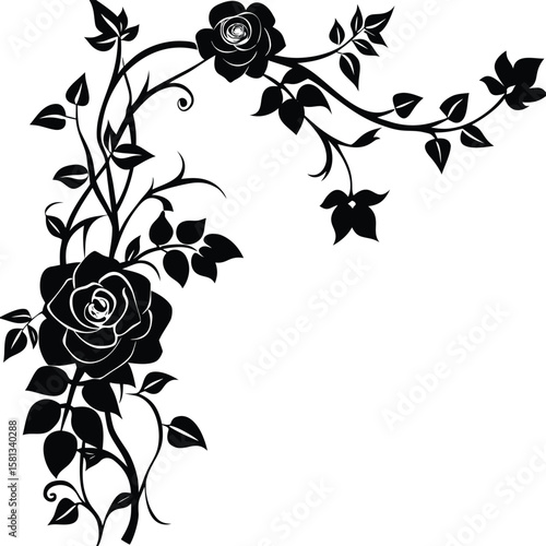 Climbing Vine And Rose Corner In Silhouette Design