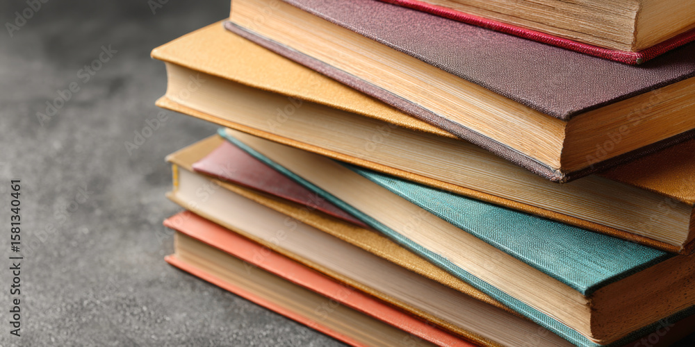 Obraz premium A close-up shot of several worn, old books stacked neatly, displaying their textured covers and aged pages, symbolizing history, knowledge, and the enduring power of literature
