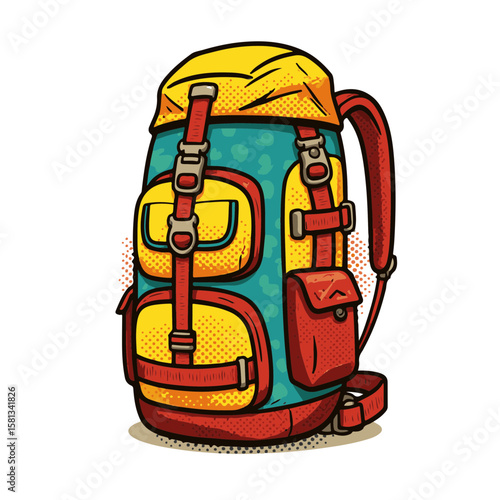 Vibrant hiking backpack in playful pop art style isolated on white background, concept of adventure and exploration