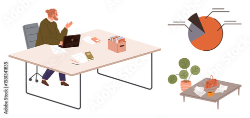 Man engaged in work at desk with laptop, files, and documents, accompanied by a pie chart and coffee table with decor. Ideal for business, productivity, analysis, work-life balance, data