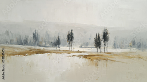 Wallpaper Mural Foggy landscape with trees and reflective water under a muted sky at dawn Torontodigital.ca