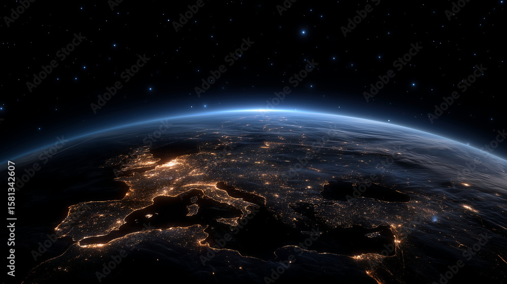 Obraz premium Stunning view of Earth from space, illuminated city lights on the night side, deep starry cosmos in the background representing global connectivity and human presence on the planet