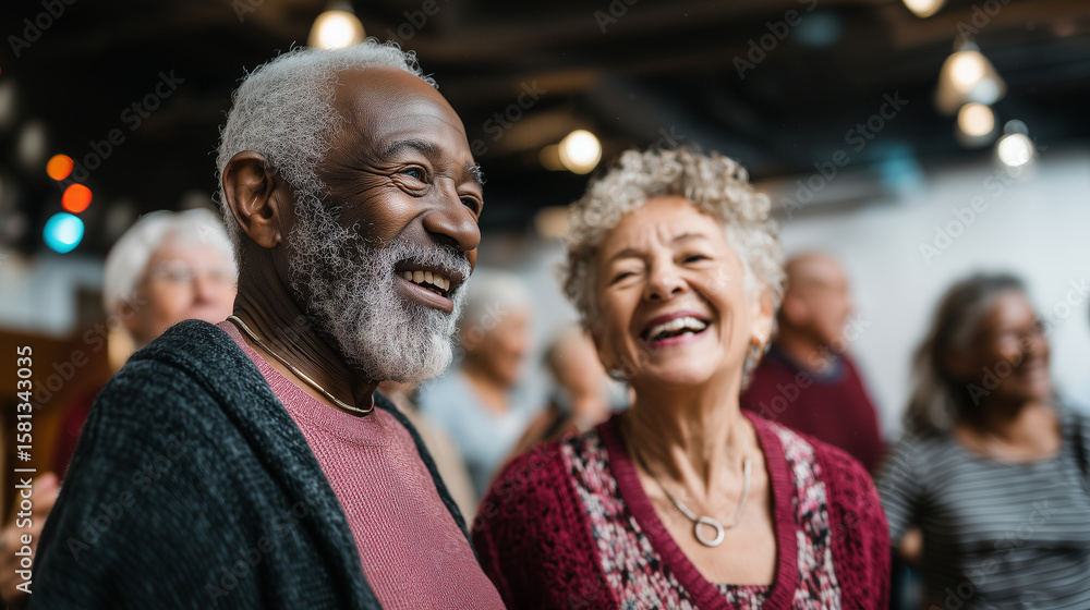 Obraz premium Diverse seniors dancing together in a community center active lifestyle, social connection, celebration, fun, elderly diversity, happiness, vibrant colors, candid moment