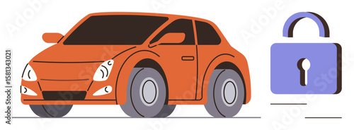 Orange vehicle alongside a lock icon symbolizing automotive safety measures, car security, and anti-theft protection. Ideal for technology, insurance, transportation, safety, trust, automotive