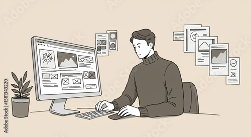 A professional man at a desk analyzing business data, designing a user interface dashboard with charts and graphs in a line art illustration.