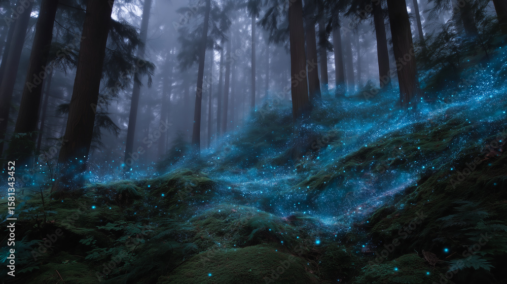 Fototapeta premium Surreal forest where trees glow and float in air magical realism, enchanted woods, glowing elements, fantasy light, sci-fi nature, whimsical vibe.